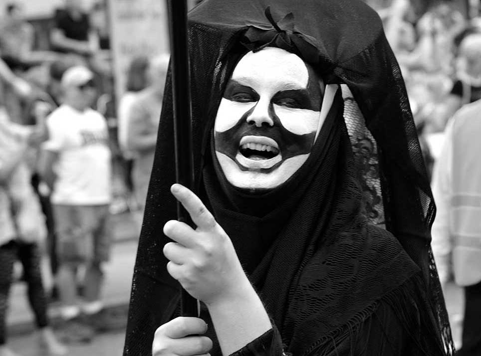 human, modern, Copenhagen, black and white, gay pride parade, mask, sister