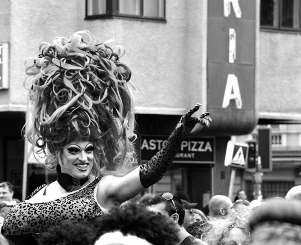 human, modern, Copenhagen, black and white, gay pride parade, wig